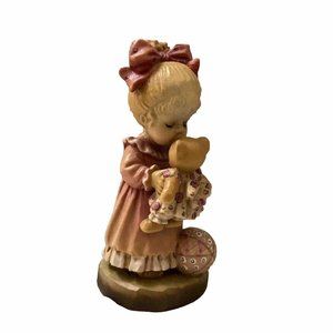 Wood Carving ANRI Wake-up Kiss Girl & Toys Figurine Signed Sarah Kay Teddy Vtg
